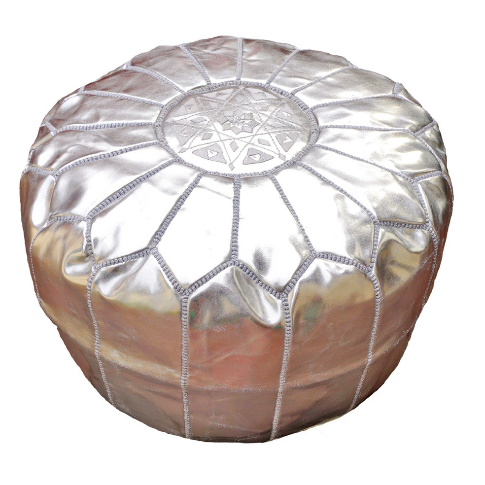 Moroccan Faux Leather Ottoman, Silver