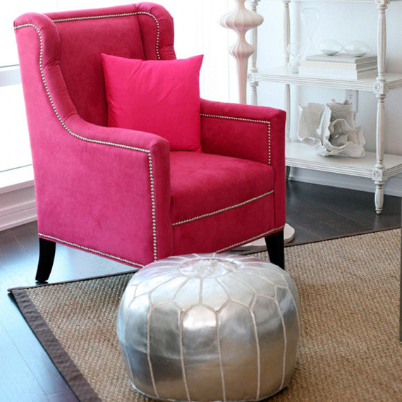 Moroccan Faux Leather Ottoman, Silver